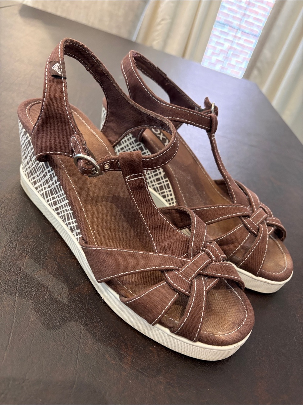 Roxy Brown Canvas T-Strap Wedge Sandals